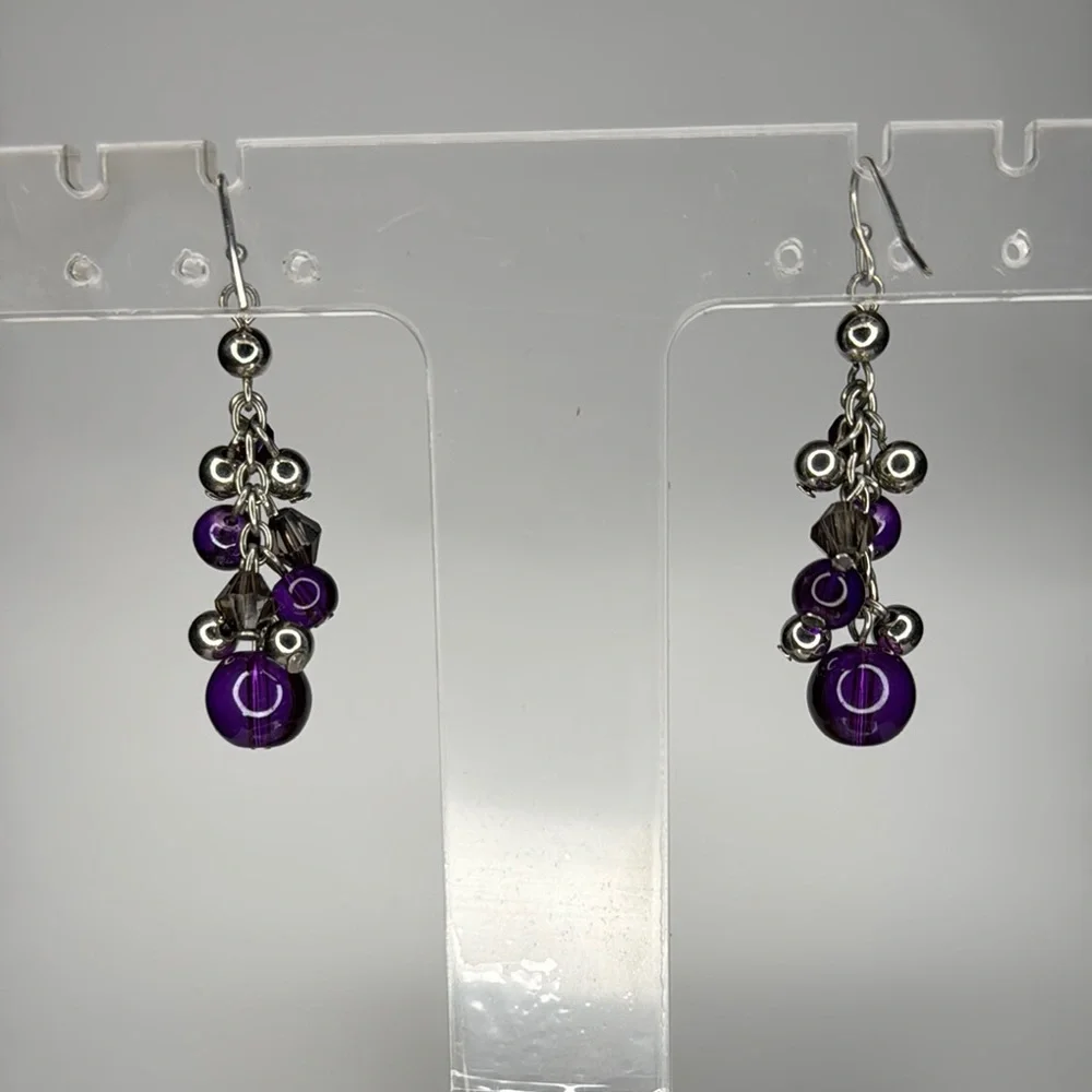 Purple and Silver Cluster Drop Earrings